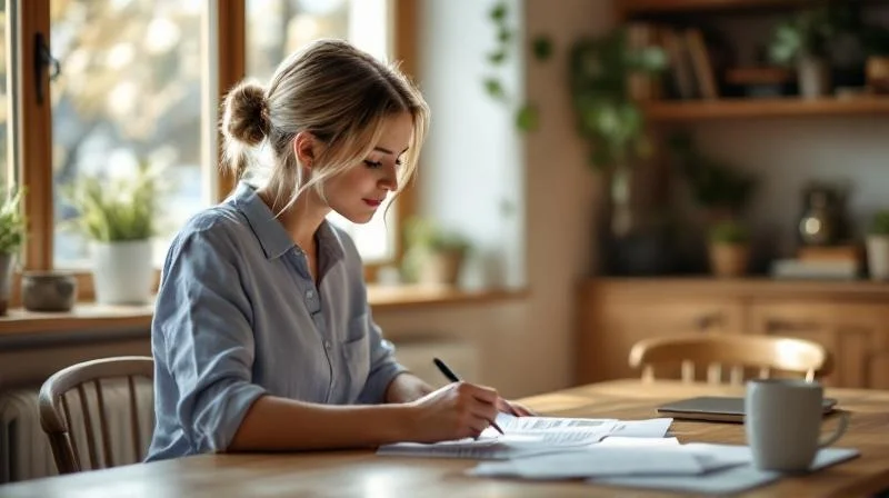 Frau liest Foerderunterlagen an einem Tisch in einem hellen Erlanger Zimmer
