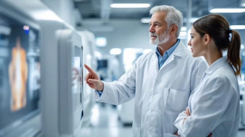 Ausbilder bei Siemens Healthineers in Erlangen erklärt einer Auszubildenden eine medizintechnische Anlage