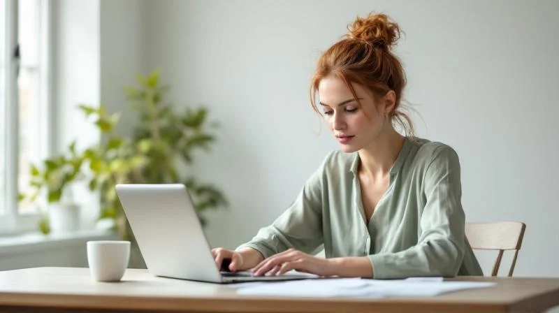 Frau in Erlangen sitzt am Schreibtisch und plant ihre Weiterbildung