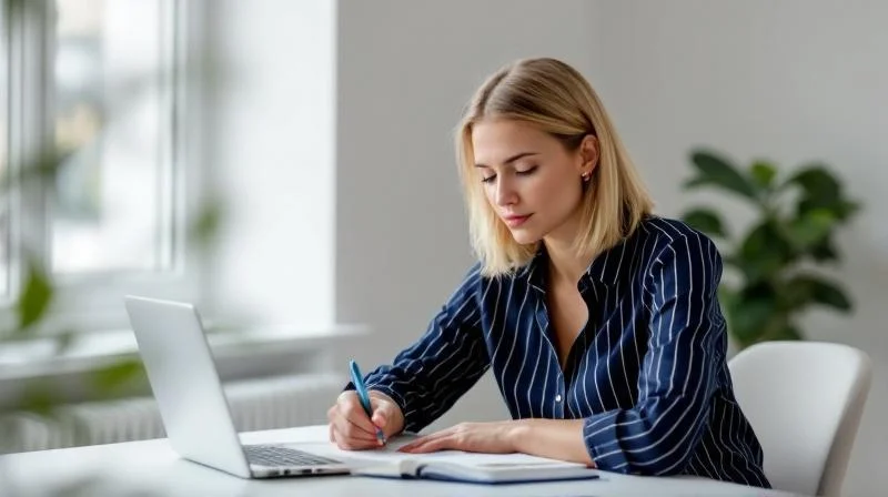 Frau studiert Unterlagen am Schreibtisch in einer hellen Erlanger Wohnung