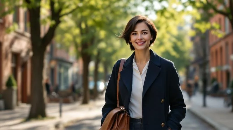 Frau mit Dokumentenmappe vor einem modernen Gebaeude in Erlangen