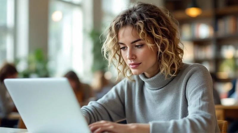 Frau arbeitet an einem Laptop in einem modernen Coworking-Space in Erlangen
