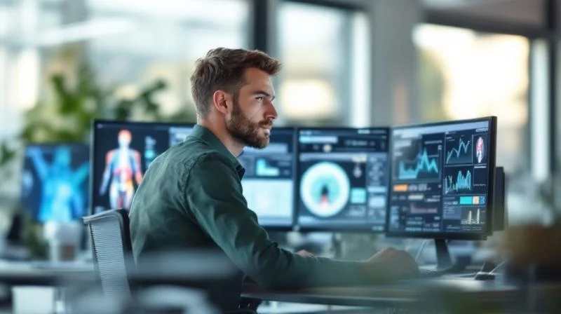 Quereinsteiger in einem modernen Erlanger Medizintechnik-Büro analysiert Daten auf Bildschirmen mit Anatomie-Visualisierungen