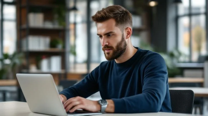 Mann in Erlangen plant seinen beruflichen Neustart am Laptop