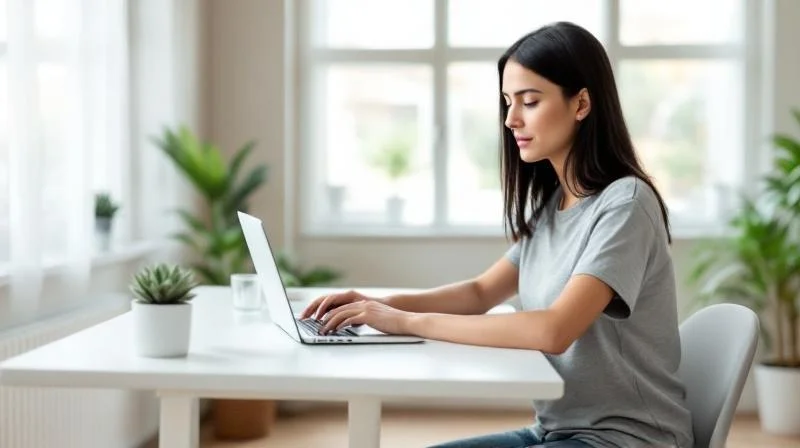 Frau arbeitet konzentriert am Laptop in einem hellen Arbeitszimmer in Erlangen